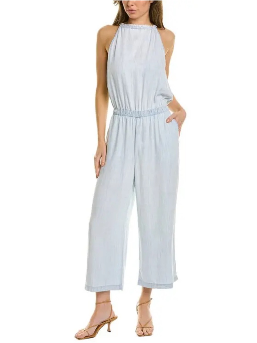 Bella Dahl | Light Denim Blue Fray Halter Neck Wide Crop Leg Elastic Jumpsuit XS